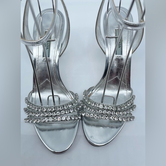 Prada Silver Leather Crystal embellished strappy heels EU 39 - Picture 12 of 13